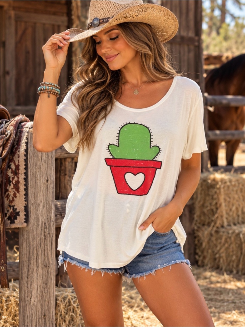 Mezzanine EUC Cream Short-Sleeve Tee with Green Cactus Graphic